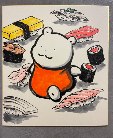 Modori Harada Original Sketch on Shikishi Polar Bear with Sushi (Pokemon Artist / Polar Bear Creator)